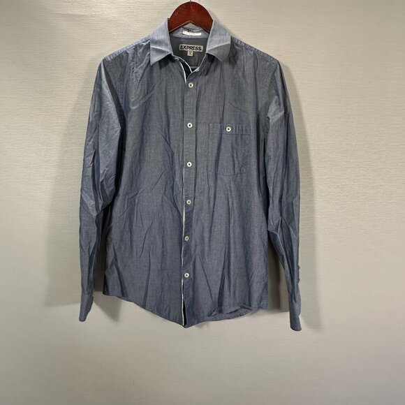 Express Shirt Mens Medium Fitted Blue Chambray Cotton Button Up Pocket - Picture 1 of 8